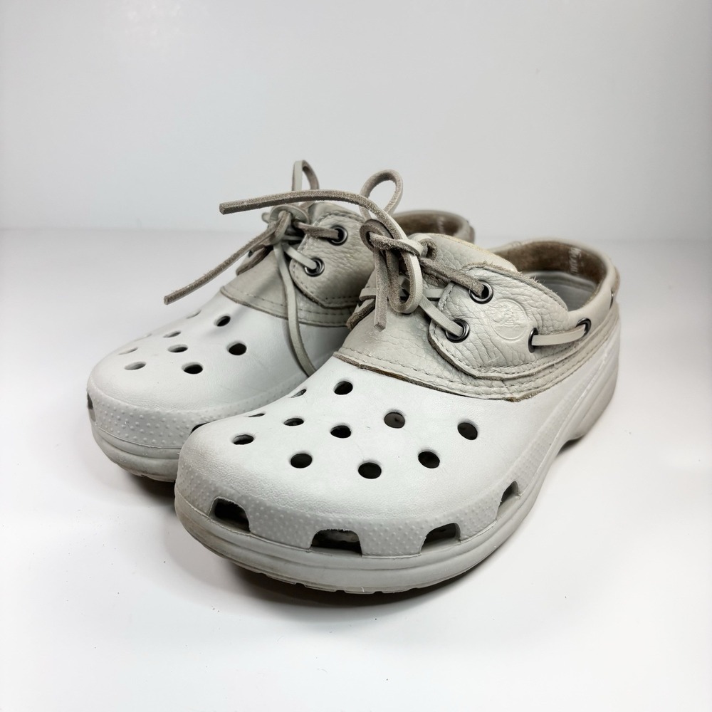 Crocs Shoes Mens/Youth 6 Womens 8 Islander Gray Boat Rubber‎ Leather Shoes Clogs